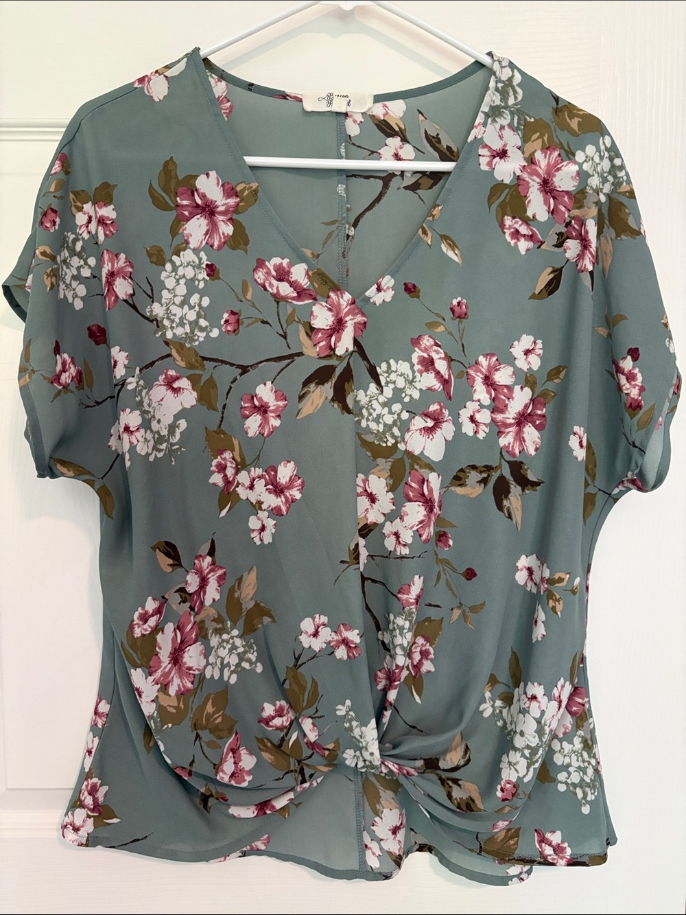 Twist-Front Floral V-Neck Blouse in Sage Green